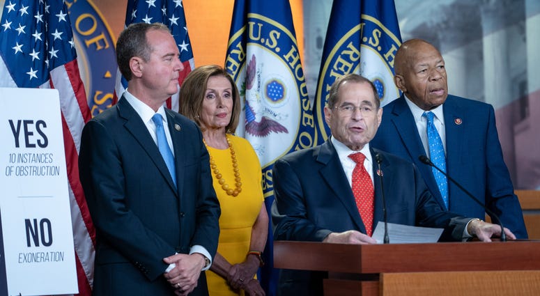 Jerry Nadler, Chairman of the House Judiciary Committee, (D-NY,) speaks to the press along side Chairman of the House Intelligence Committee Adam Schiff, (D-CA)., Speaker of the House Nancy Pelosi, (D-CA), and Elijah Cummings, (D-MD). Jerry Nadler