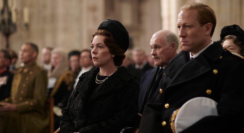 Olivia Colman as Queen Elizabeth II and Tobias Menzies as The Duke of Edinburgh, appearing in the third season of the streaming website's show, The Crown. The Crown