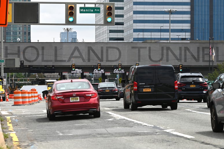 A view of the Holland Tunnel entrance from the New Jersey side that leads into lower Manhattan, reported to be a potential COVID-19 checkpoint to randomly stop drivers entering the city, New York, NY, August 7, 2020. NY quarantine Holland Tunnel