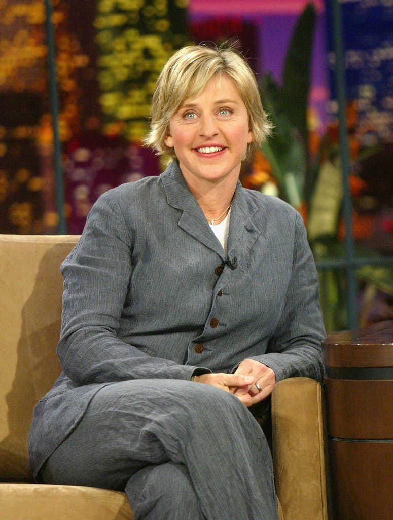 Talk show host Ellen DeGeneres appears on "The Tonight Show with Jay Leno" at the NBC Studios on April 31, 2004Kevin Winter/Getty Images
