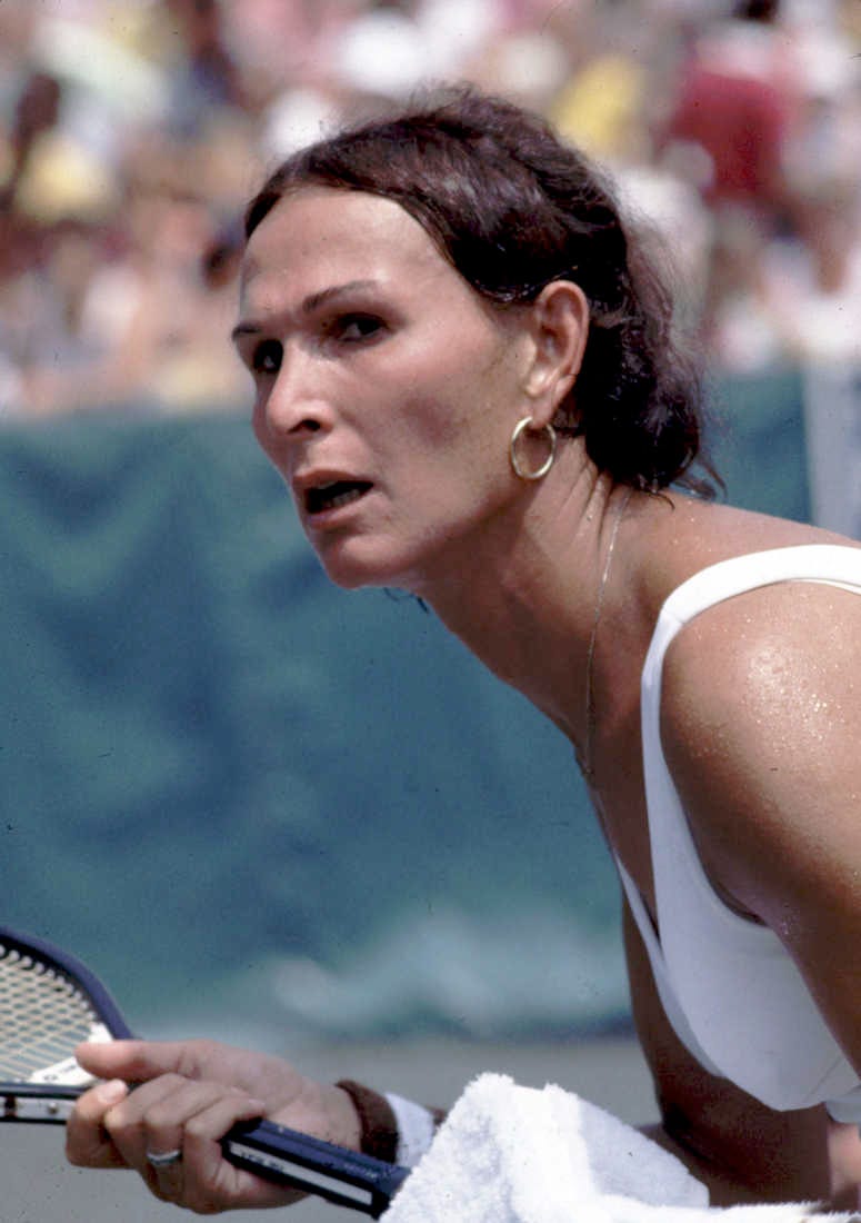 Tennis player Renee Richards on the tennis court, July 1977. (Photo by Gaffney/Liaison)