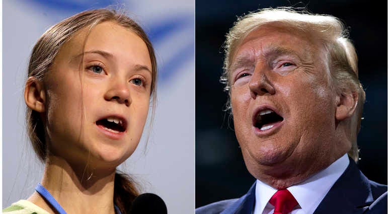 This combination photo shows Swedish climate activist Greta Thunberg speaking at the COP25 summit in Madrid, Spain on Dec. 11, 2019, left, and President Donald Trump speaking at a campaign rally in Battle Creek, Mich. on Dec. 18, 2019. Greta Thunberg and Donald Trump