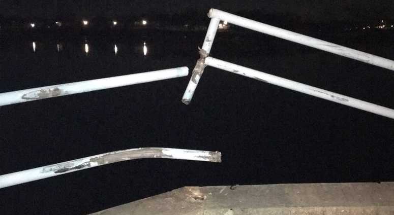 The site of the crash in New Rochelle. Car plunges Long Island Sound