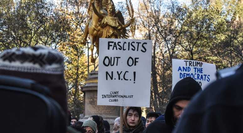 Protesters from various anti-fascist groups rally against the Proud Boys on November 16, 2019 in New York City. Antifa Proud Boys Trump Tower