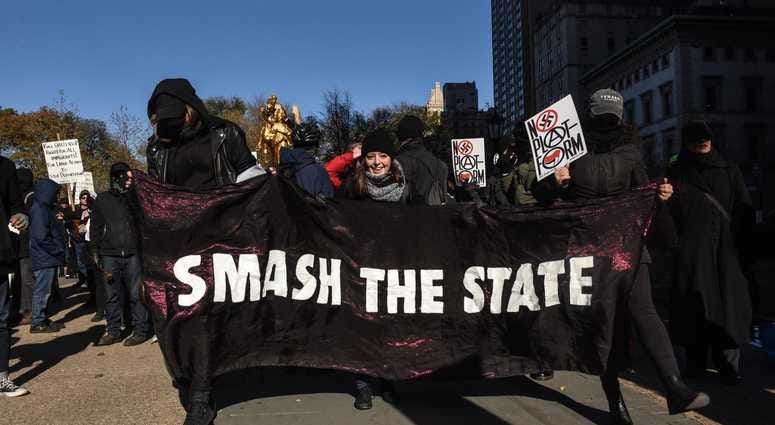 Protesters from various anti-fascist groups rally against the Proud Boys on November 16, 2019 in New York City. Antifa Proud Boys Trump Tower