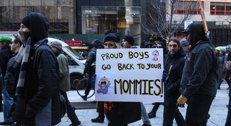 Protesters from various anti-fascist groups rally against the Proud Boys on November 16, 2019 in New York City. Antifa Proud Boys Trump Tower