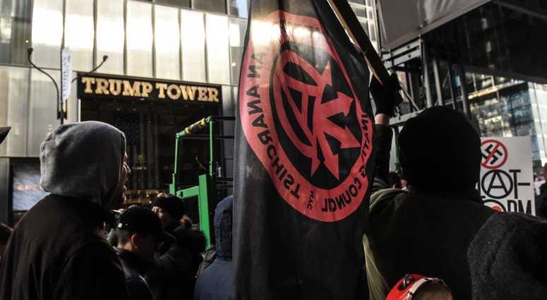 Protesters from various anti-fascist groups rally against the Proud Boys on November 16, 2019 in New York City. Antifa Proud Boys Trump Tower