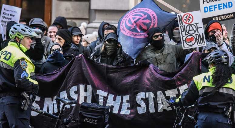 Protesters from various anti-fascist groups rally against the Proud Boys on November 16, 2019 in New York City. Antifa Proud Boys Trump Tower
