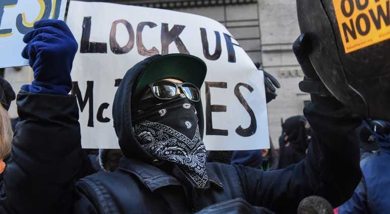 Protesters from various anti-fascist groups rally against the Proud Boys on November 16, 2019 in New York City. Antifa Proud Boys Trump Tower