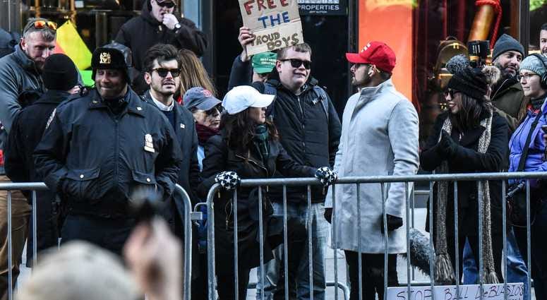 Protesters from various anti-fascist groups rally against the Proud Boys on November 16, 2019 in New York City. Antifa Proud Boys Trump Tower