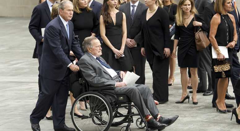 Former President George H.W. Bush, and son, former President George W. Bush, leave St. Martin's Episcopal Church following the funeral of their wife and mother, former First Lady Barbara Bush. George H.W. Bush