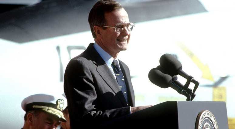 President George H.W. Bush delivers an address aboard the aircraft carrier USS AMERICA (CV 66). George H.W. Bush