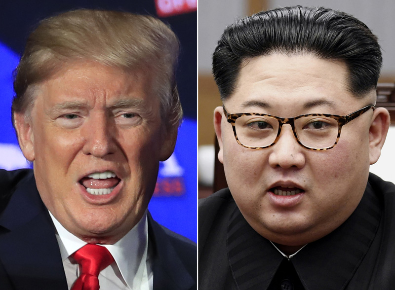 This combination of two file photos shows U.S. President Donald Trump, left, speaking during a roundtable discussion on tax cuts in Cleveland, Ohio, May 5, 2018 and North Korean leader Kim Jong Un, right, talking with South Korean President Moon Jae-in This combination of two file photos shows U.S. President Donald Trump, left, speaking during a roundtable discussion on tax cuts in Cleveland, Ohio, May 5, 2018 and North Korean leader Kim Jong Un, right, talking with South Korean President Moon Jae-in