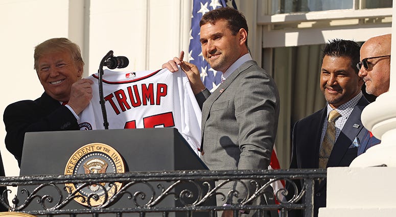 Ryan Zimmerman presents the president with a 'Trump 45' Washington Nationals jersey as the Nats are honored at the White House Ryan Zimmerman – Nationals' White House Visit