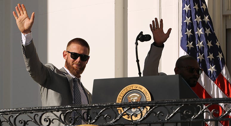 Stephen Strasburg and Howie Kendrick wave goodbye to the crowd at the conclusion of the Nationals' World Series celebration ceremony at the White House Stephen Strasburg Howie Kendrick – Nationals' White House Visit
