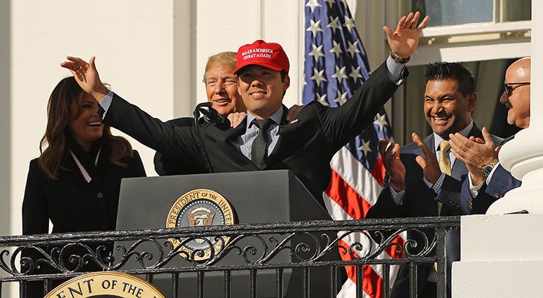 Nationals catcher Kurt Suzuki surprises President Trump by breaking out a 'Make America Great Again' hat during the Nats' White House ceremony Kurt Suzuki MAGA hat
