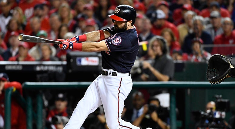 Adam Eaton delivers a double to give the Nats runners on second and third in the bottom of the first Adam Eaton Double