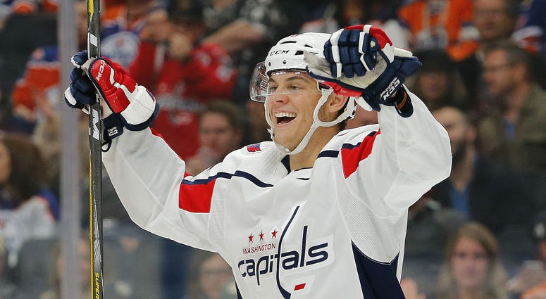 Andre Burakovsky celebrates scoring his first goal of the season against the Oilers Andre-Burakovsky