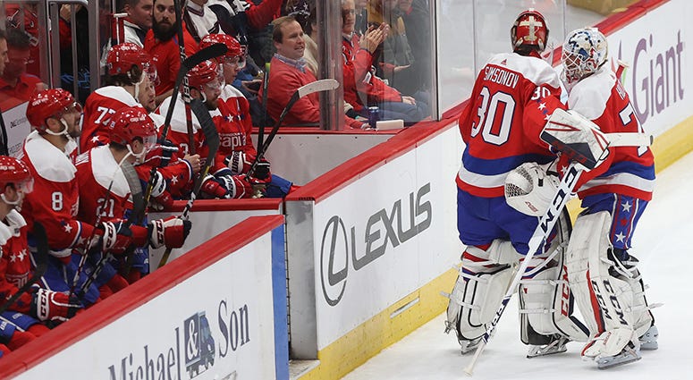 Braden Holtby greets Ilya Samsonov as Samsonov's pulled in the second period against the Islanders Capitals still have faith in Holtby: 'He's no quitter'