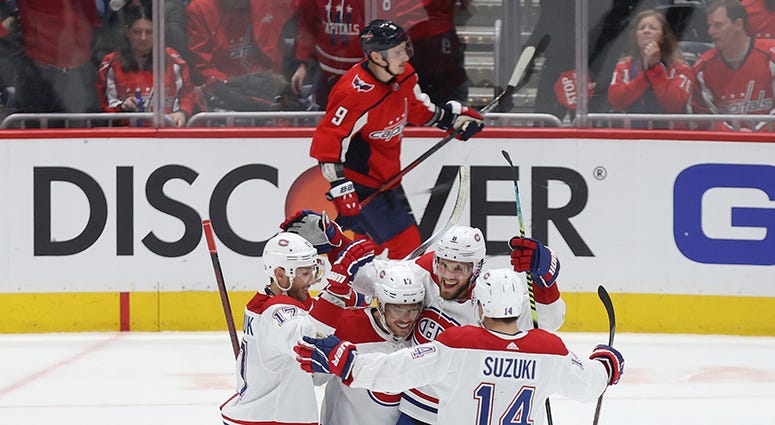 Montreal defenseman Ben Chiarot celebrates with teammates after scoring the game-winning goal in overtime against the Caps 'No sense of panic' in Capitals locker room
