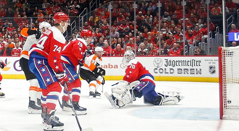 Flyers defenseman Ivan Provorov scores on Braden Holtby in the third period of Philly's 5-2 win over the Caps Capitals aren't thinking ahead to playoffs