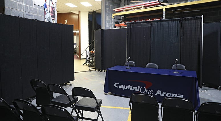 A general view of the makeshift post-game interview area at Capital One Arena Wizards, Capitals stay open to public as Coronavirus spreads