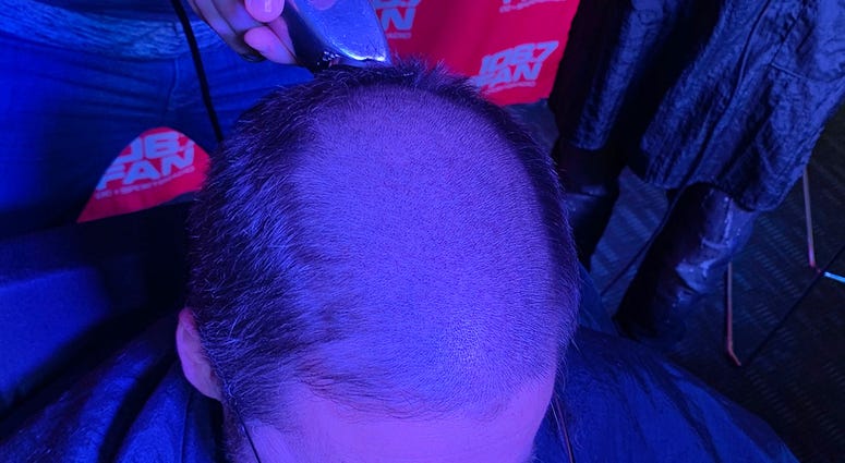 Chris Russell made a bet with Grant & Danny that the Redskins would win more than six games this season. He lost. So Russell had his head shaved, on air, on Thursday, December 12. WJFK-FM’s Chris Russell with Danny Rouhier and Grant Paulsen. Russell lost a bet and then lost his hair on the air on Thursday, December 12.