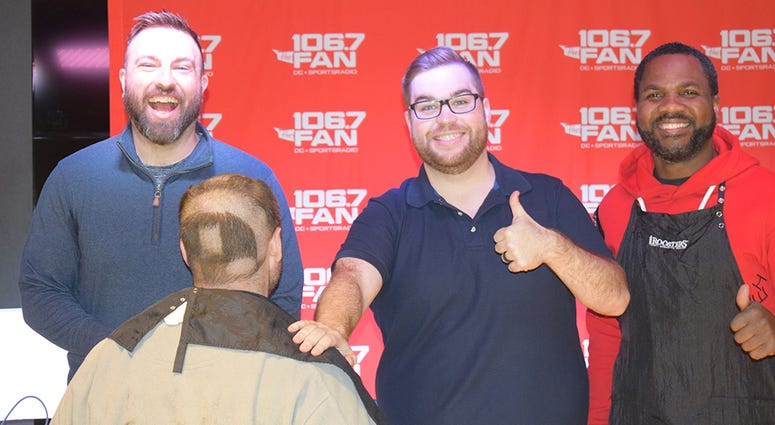 Chris Russell made a bet with Grant & Danny that the Redskins would win more than six games this season. He lost. So Russell had his head shaved, on air, on Thursday, December 12. WJFK-FM’s Chris Russell with Danny Rouhier and Grant Paulsen. Russell lost a bet and then lost his hair on the air on Thursday, December 12.