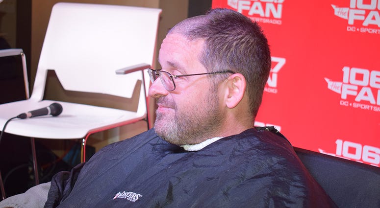 Chris Russell made a bet with Grant & Danny that the Redskins would win more than six games this season. He lost. So Russell had his head shaved, on air, on Thursday, December 12. WJFK-FM’s Chris Russell with Danny Rouhier and Grant Paulsen. Russell lost a bet and then lost his hair on the air on Thursday, December 12.