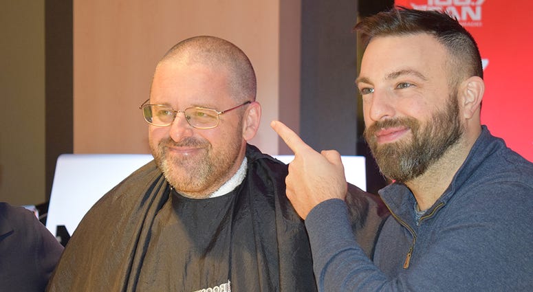 Chris Russell made a bet with Grant & Danny that the Redskins would win more than six games this season. He lost. So Russell had his head shaved, on air, on Thursday, December 12. WJFK-FM’s Chris Russell with Danny Rouhier and Grant Paulsen. Russell lost a bet and then lost his hair on the air on Thursday, December 12.