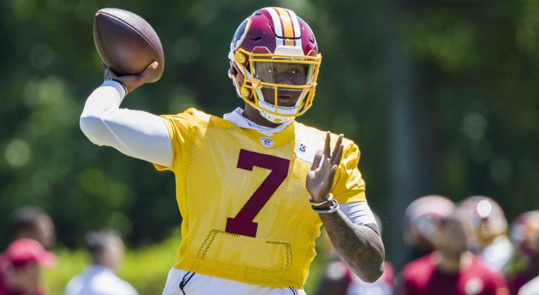 Question 2: Who wins the starting QB job? Redskins QB Dwayne Haskins throws a pass during minicamp.