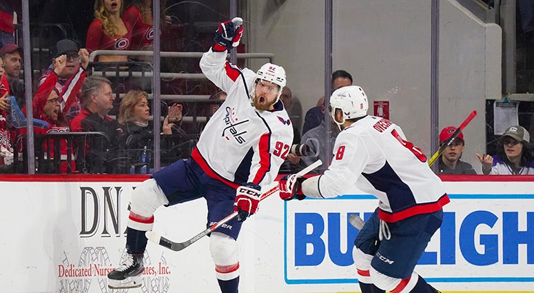 Capitals center Evgeny Kuznetsov celebrates a third-period goal against the Carolina Hurricanes Reirden: Evgeny Kuznetsov 'still a work in progress'