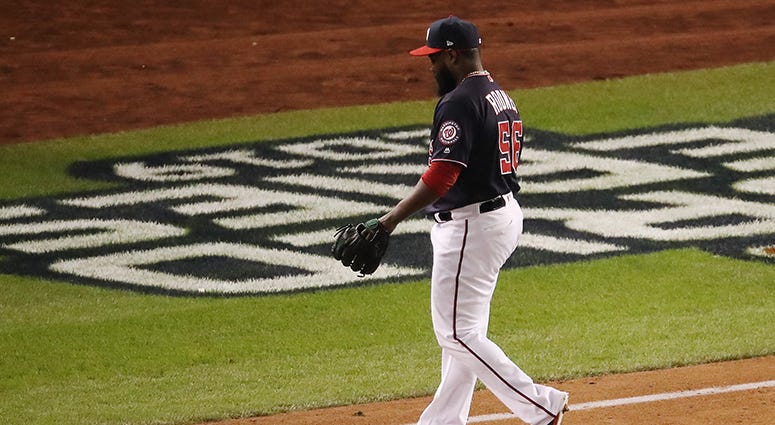 Fernando Rodney walks off the field after giving up a grand slam in Game 4 of the World Series The Nats are betting big on their horses as World Series evens 2-2
