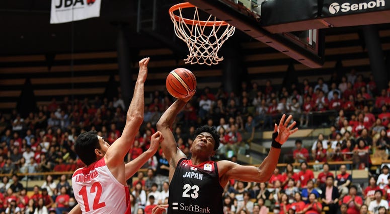 Rui Hachimura of Japan goes up for a dunk during the FIBA Men's World Cup Asian Qualifier against Iran in Tokyo on September 17, 2018 Rui Hachimura of Japan goes up for a dunk during the FIBA Men's World Cup Asian Qualifier against Iran in Tokyo on September 17, 2018