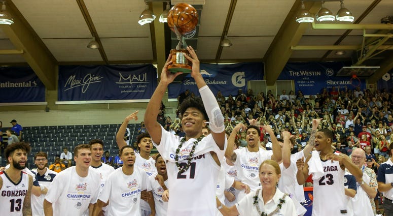 Rui Hachimura holds up the tournament MVP trophy after the 2018 Maui Invitational in Lahaina, Hawaii on November 21, 2018 Rui Hachimura holds up the tournament MVP trophy after the 2018 Maui Invitational in Lahaina, Hawaii on November 21, 2018