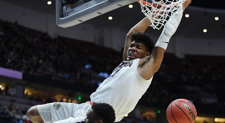 Rui Hachimura dunks on Mfiondu Kabengele of Florida State during the 2019 NCAA Men's Basketball Tournament Rui Hachimura dunks on Mfiondu Kabengele of Florida State during the 2019 NCAA Men's Basketball Tournament