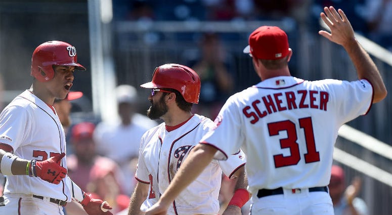 Max Scherzer celebrates Nationals win a bit too early. Max Scherzer celebrates Nationals win a bit too early.