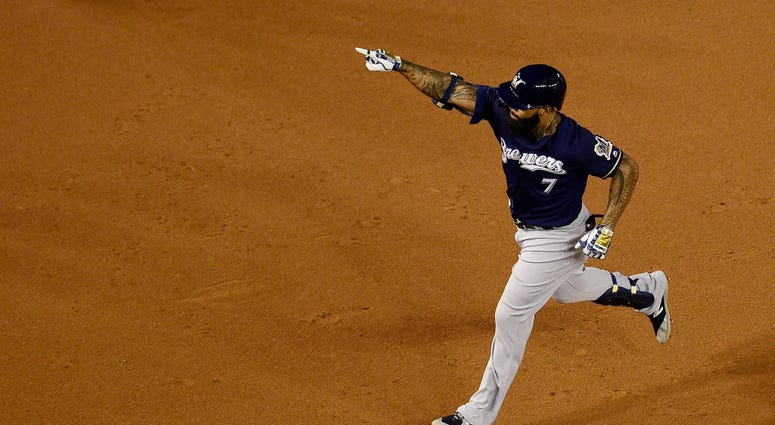 Brewers slugger Eric Thames took Max Scherzer deep. PHOTOS: Stay in the fight! Nats beat Brewers in Wild Card