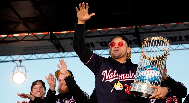 Baby Shark is gone. Gerardo Parra is off to play in Japan. Gerardo Parra of the Washington Nationals holds the Commissioner's Trophy on stage during Nats World Series parade.