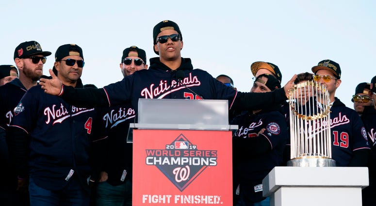 Juan Soto speaks at Nats' World Series parade. Photos of Nationals' World Series parade are insane