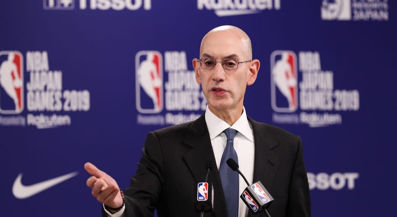 NBA Commissioner Adam Silver speaks during a press conference. The NBA announces 9 more positive coronavrius tests in latest round of testing ahead of restart.