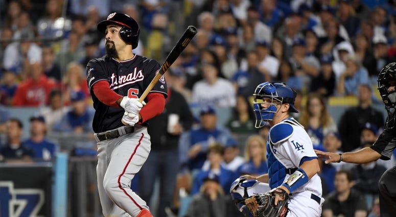 Tony Two Bags smacks a double in Game 5 of the NLDS. Anthony Rendon of the Washington Nationals hits a double in the tenth inning of game five of the NLDS.