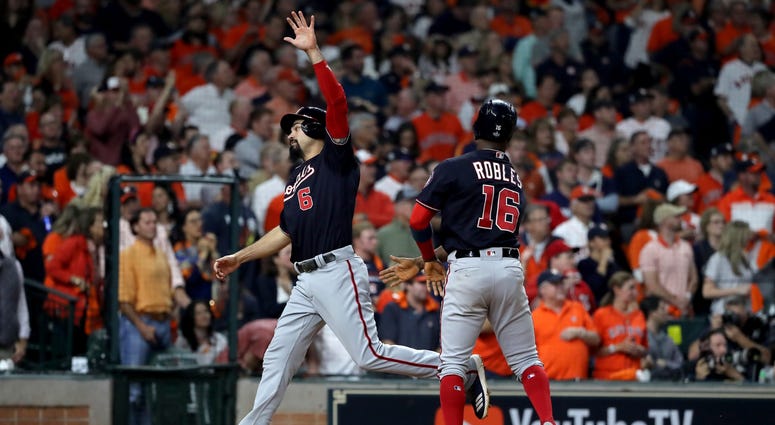 Anthoy Rendon celebrates scoring Game 1 of the World Series. Anthoy Rendon celebrates scoring in Game 1 of the World Series.