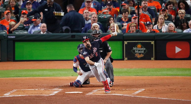 Anthony Rendon hits a two-run double in Game 2 of the World Series. Anthony Rendon hits a two-run double in Game 2 of the World Series.