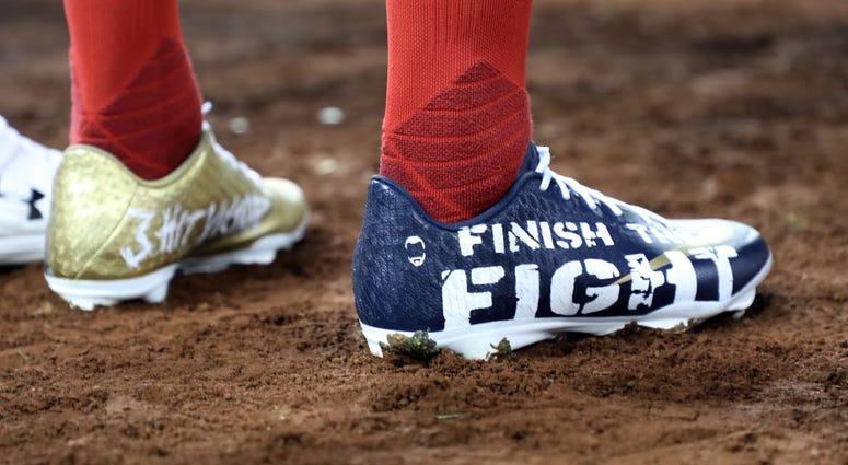 A view of the cleats worn by Victor Robles against the Astros in Game 4 of the 2019 World Series at Nationals Park. A view of the cleats worn by Victor Robles of the Nationals against the Houston Astros in Game Four of the 2019 World Series at Nationals Park.