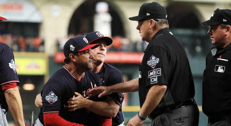 Dave Martinez letting the umpires have it at the World Series. Best pictures of World Series umpire controversy, Dave Martinez ejection