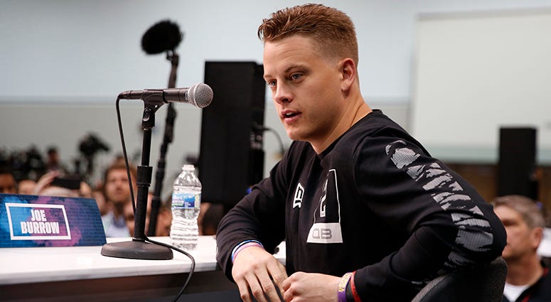 LSU quarterback Joe Burrow speaks to the media at the NFL Combine in Indianapolis Redskins to meet with Tua Tagovailoa and Joe Burrow