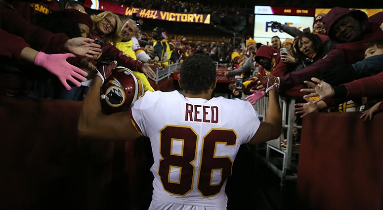 Jordan Reed celebrates with Redskins fans after beating the Cowboys in October 2018 Redskins release tight end Jordan Reed