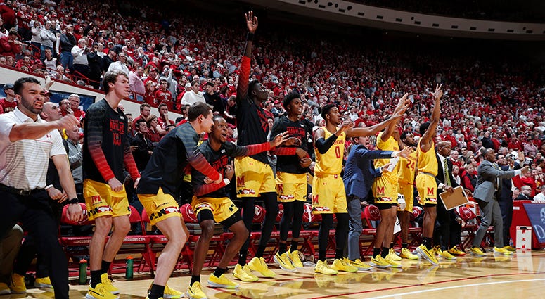 The Terps bench reacts after Maryland scores a three-pointer in the second half against Indiana Terps to discover whether March hopes are madness