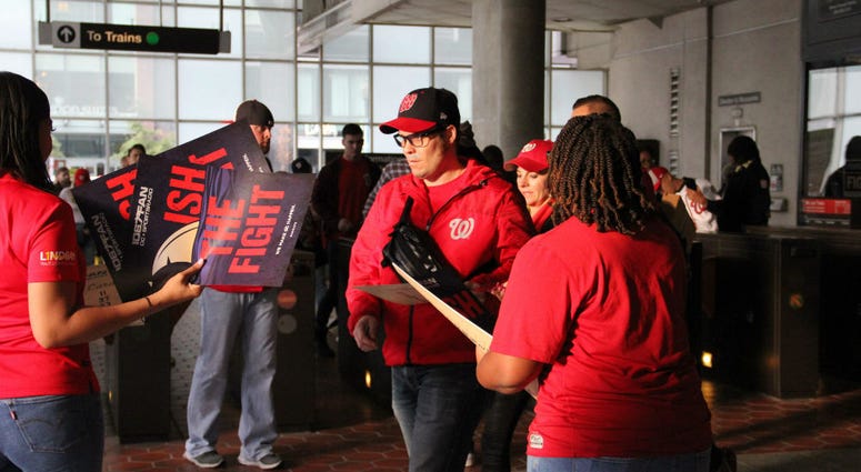 We were doing our part getting fans ready for Game 3 of the World Series, handing out "Finish The Fight" fight cards. The Navy Yard neighborhood of Southeast DC waited 86 years for a World Series game.